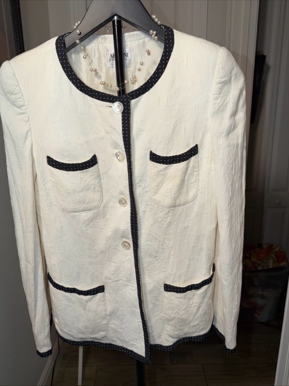 Armani Collezioni Cream Jacket with Black Polka-Dot Trim